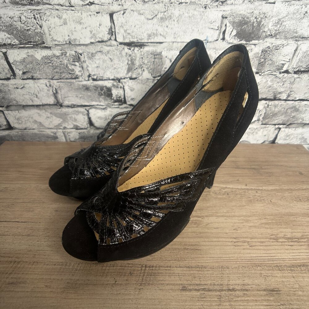 EUC Sam Edelmen Nixie Black Glass Snake Heels Size 8.5 IN BOX